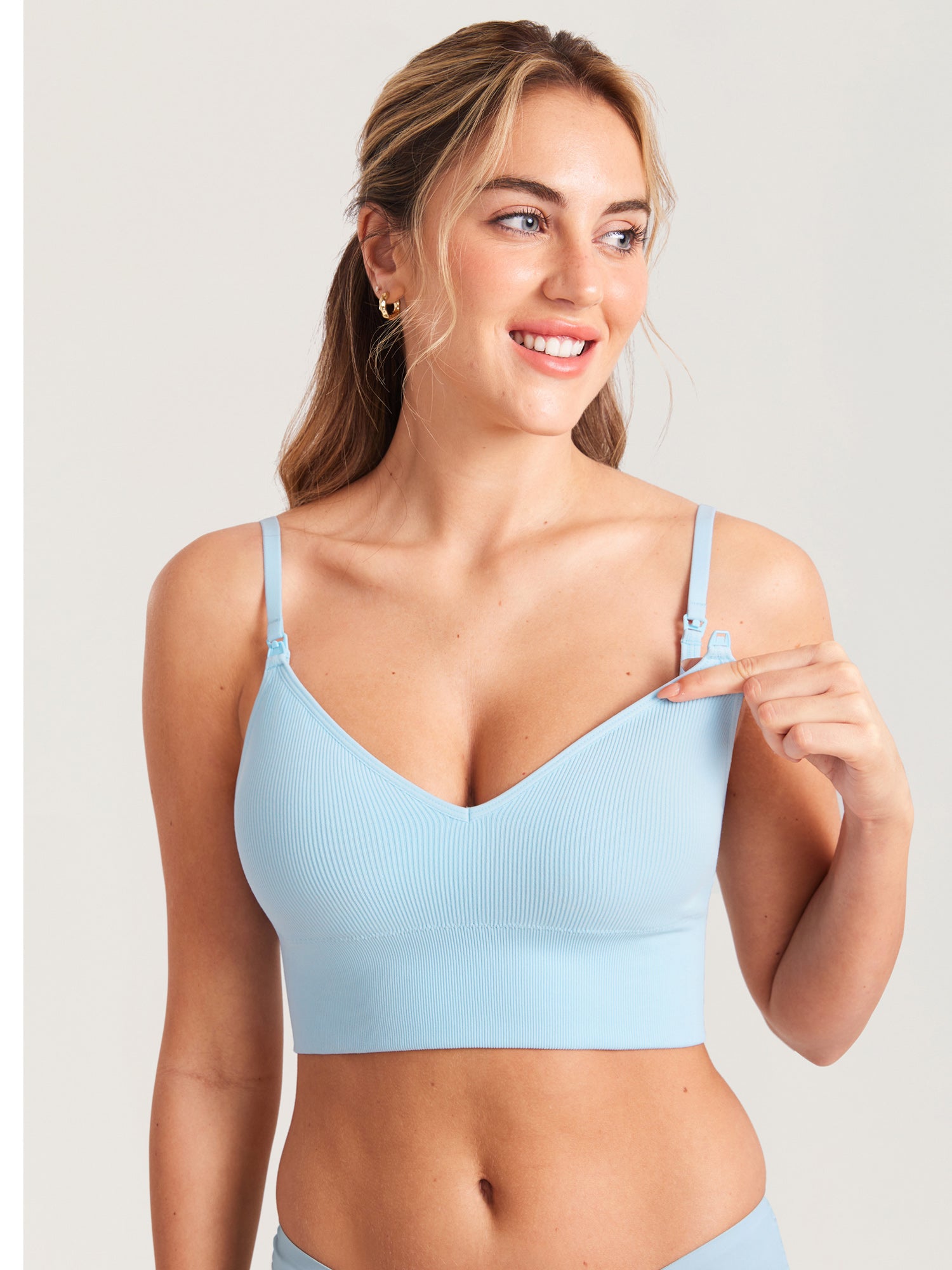MOMANDA Women's Ribbed V Neck Nursing Bralette Light Glacier