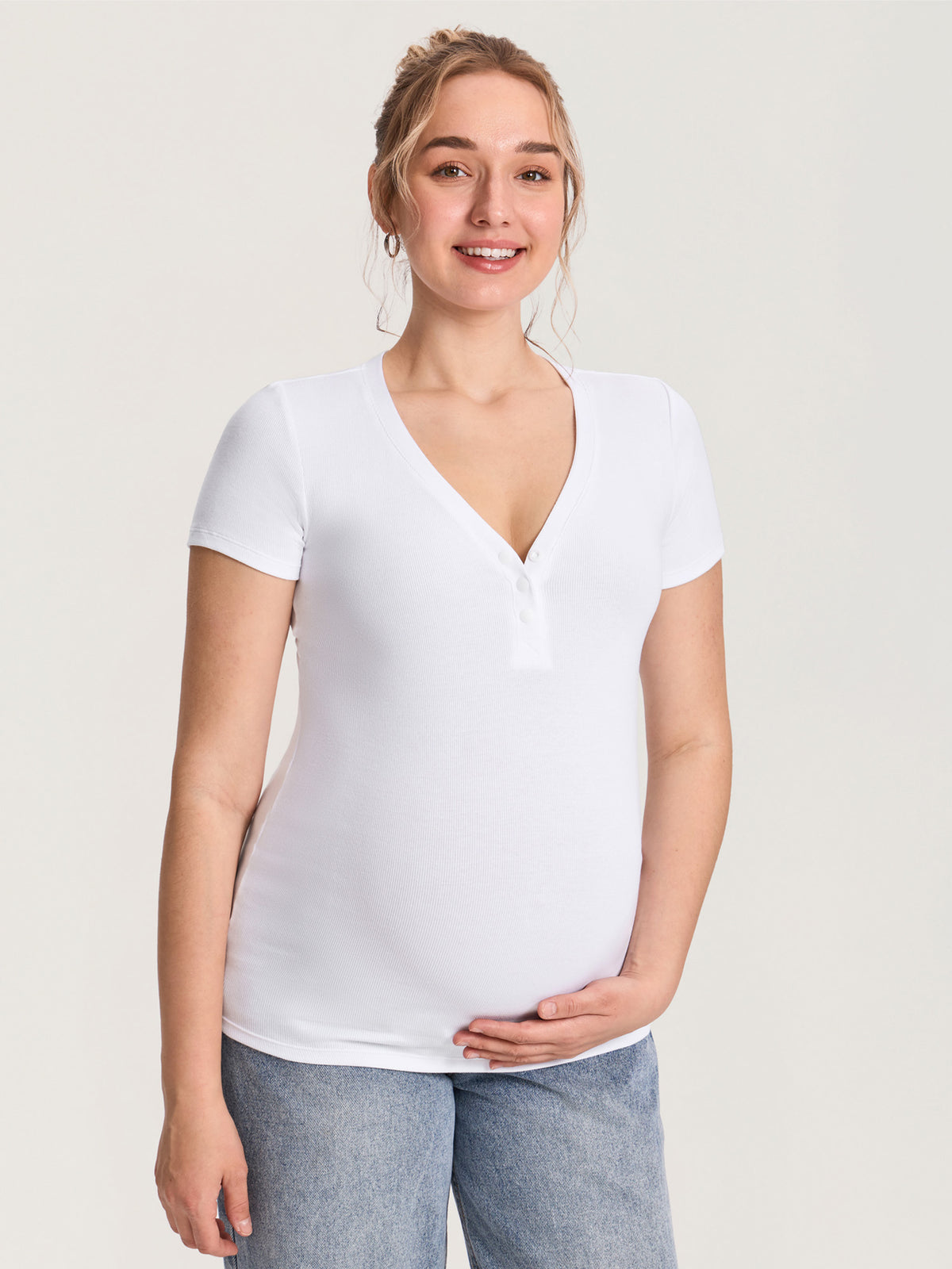 Cotton Rib Henley Maternity Short Sleeve Shirts