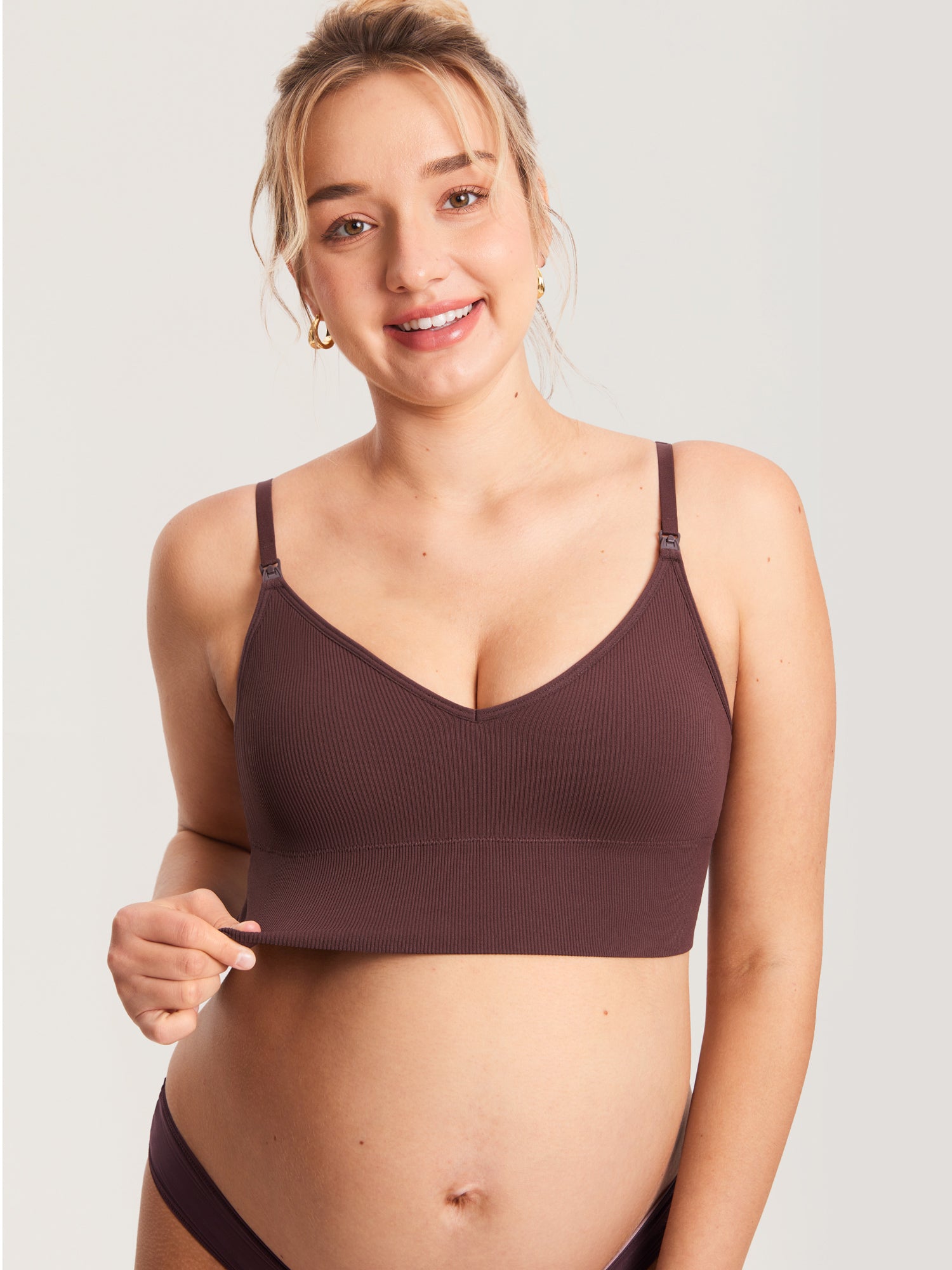 MOMANDA Women's Ribbed V Neck Nursing Bralette Hazelnut