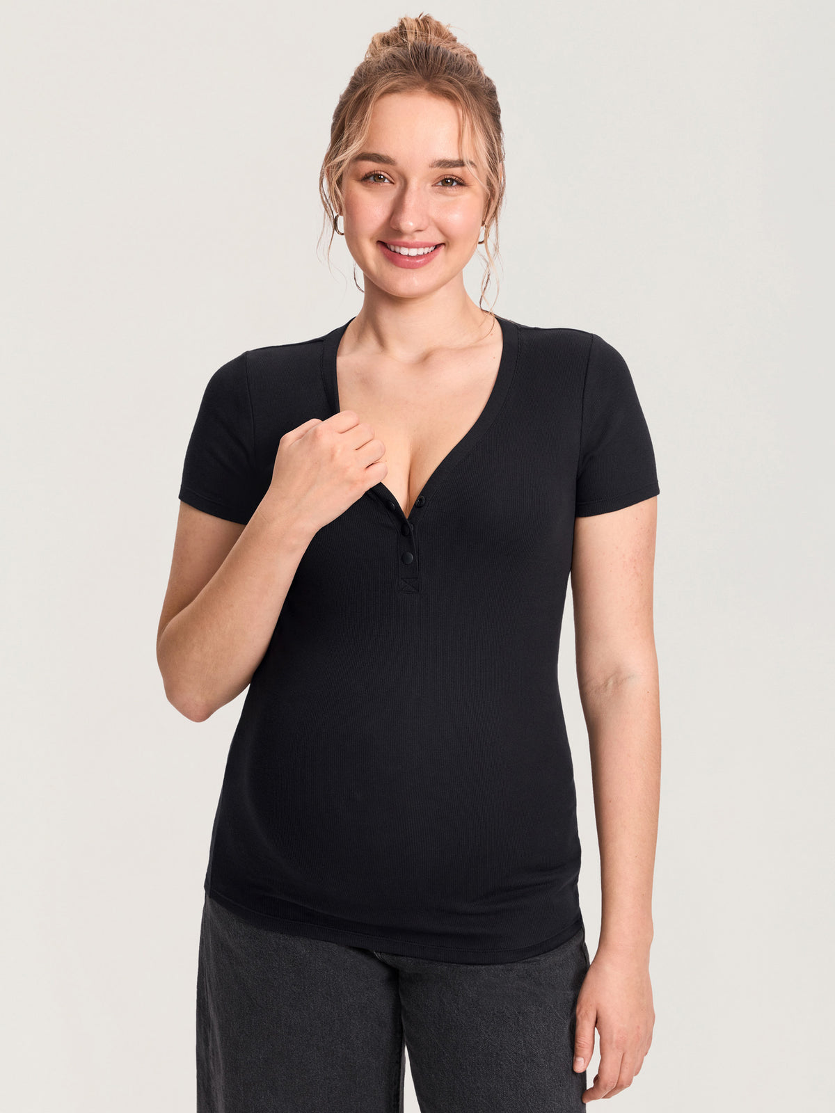 Cotton Rib Henley Maternity Short Sleeve Shirts