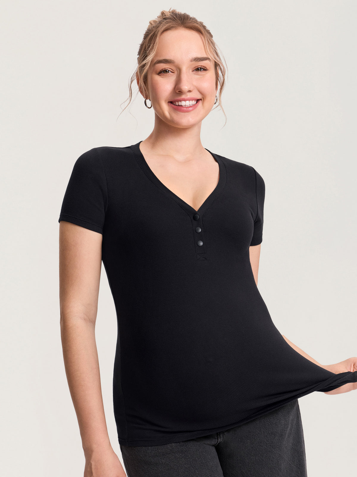 Cotton Rib Henley Maternity Short Sleeve Shirts
